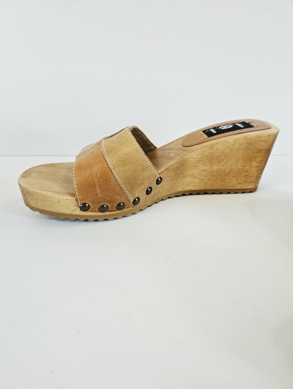 Vintage l.e.i. Wooden Diedra Platform Patchwork Leather Slip On Mule Sandals 8.5 - Picture 7 of 16
